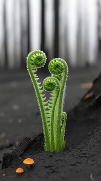 Green fiddlehead fern emerge from charred soil, symbolizing rebirth after a wildfire. Tiny orange mushrooms grow nearby, while dew droplets cling to the unfurling fronds. Scorched forest background
