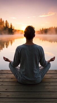 Rear view male meditating in lotus pose on a wooden dock by the lake at sunrise. The misty pond reflects the vibrant sky and pine trees silhouettes, creating a tranquil scene of peace and mindfulness
