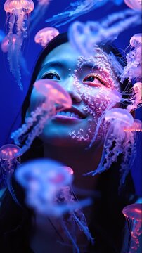 Submerged woman surreal portrait, with glowing pink jellyfish floating around her face, partially covered in bioluminescent pearl textures that shimmer under neon light. Mystical underwater fusion