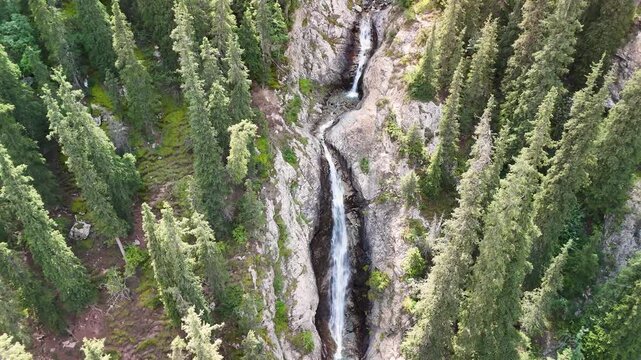 Aerial View of Chasha Manasa and Slez Barса Waterfalls, Gagarin Trail, Kyrgyzstan