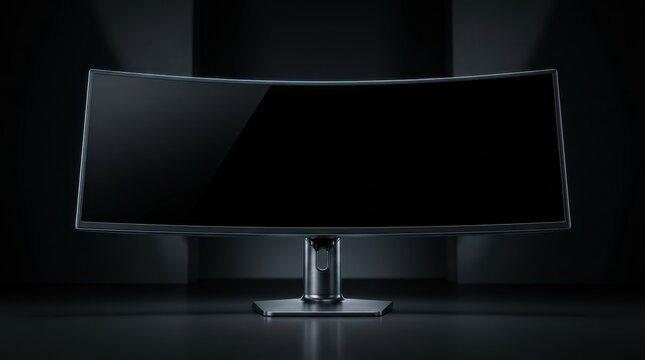 Sleek ultrawide curved computer monitor mockup with a blank black screen on a metallic stand, set against a dark minimalist studio background for tech display presentations.