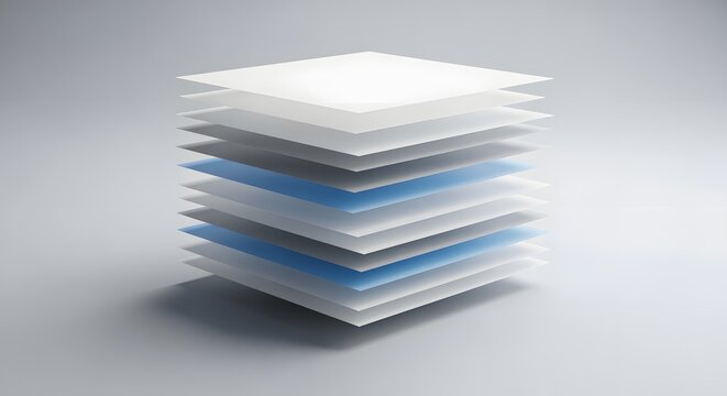 Abstract 3D stack of white and blue square layers representing cloud data server storage and structured digital file systems concepts