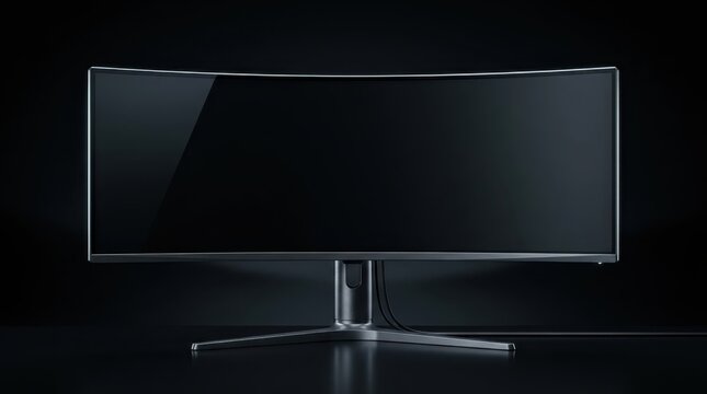 Premium curved ultrawide desktop computer monitor with a blank black glossy screen and metallic stand, isolated on a dark reflective surface against a black studio background