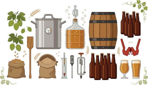 Craft beer brewing equipment and ingredients flat vector illustration collection with bottles barrel hops malt and tools