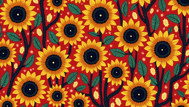 Whimsical Floral Abundance A Cheerful Seamless Pattern Featuring Bright Sunflowers with Green Leaves on a Vivid Red Background, Capturing the Essence of Summer Nature