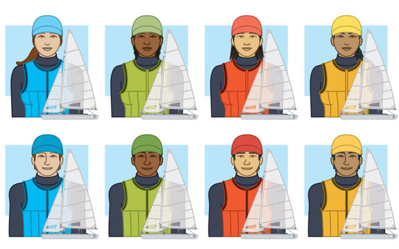 diversity, race, ethnicity of sailboat crew vector icons, male and female, wearing wetsuit, cap and life vest, including 470 dinghy sailboat, isolated on a white background