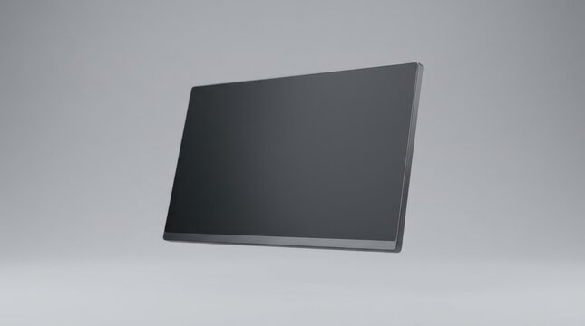 Sleek Blank Computer Monitor Screen Mockup Floating at an Angle, Minimalist Dark Grey Digital Display Panel on Light Studio Background for Technology and Web Presentation