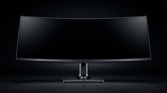 Curved ultrawide computer monitor mockup on a dark studio background, featuring a blank black screen, sleek metallic stand, and elegant minimal design for tech and gaming presentation.