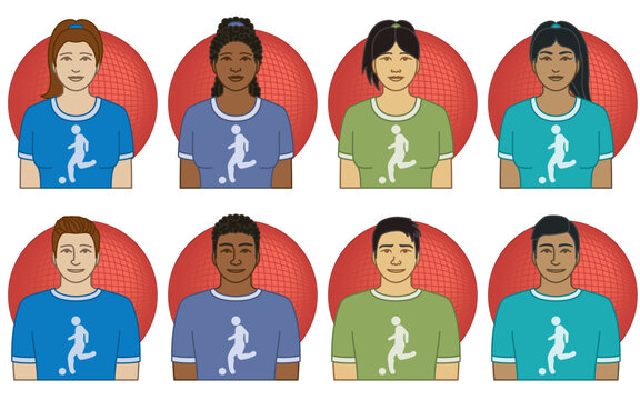diversity, race, ethnicity of kickball player vector icons, male and female, including red kickball, isolated on a white background