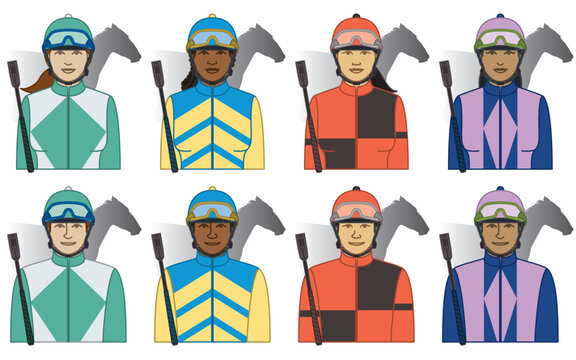 diversity, race, ethnicity of horse racing jockey vector icons, male and female, wearing silks, colours and helmet, including riding crop and race horse, isolated on a white background