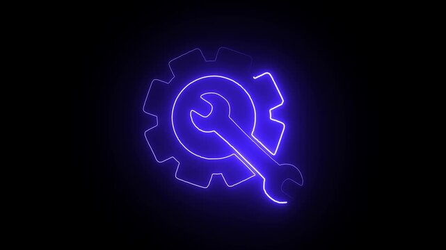 Glowing blue neon gear and wrench icon animation on a black background.