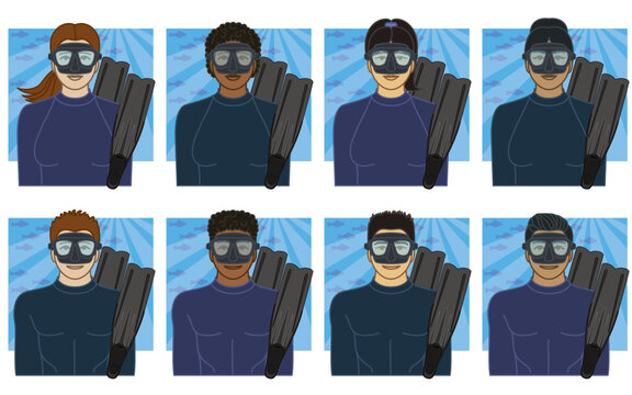 diversity, race, ethnicity of free diving diver vector icons, male and female, wearing mask and goggles, including long blade fins and underwater scene, isolated on a white background