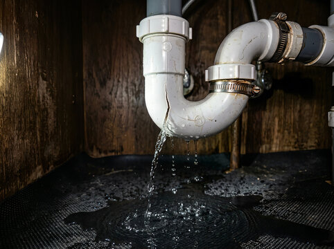 Broken plastic PVC pipe leaking water under sink in cabinet 