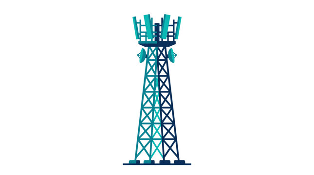 Flat vector illustration of a telecommunications tower with signal antennas and satellite dishes isolated on white background
