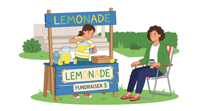 Young girl selling fresh lemonade at a blue wooden stand fundraiser in a suburban yard flat illustration.