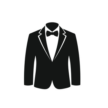 A black and white vector silhouette, rendered as a single, solid black shape against a pure white background, depicting a classic groom's tuxedo.