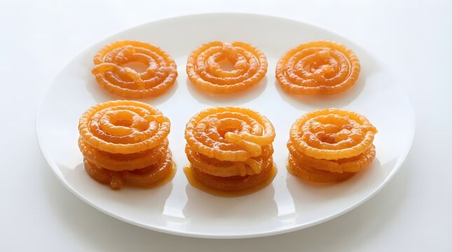 Jalebi sweets arranged on a white plate isolated on white background