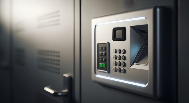 Close-up photo of modern electronic access control system mounted on metallic server room door featuring digital keypad numeric buttons and fingerprint scanner reader