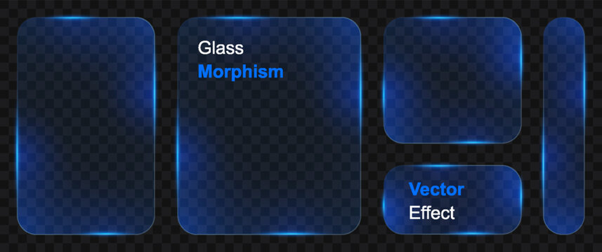 Blue glass plate frames with glowing borders, 3D glass buttons for user interface elements, different glass shapes with bright neon light edges, transparent glass panels with luminous glares