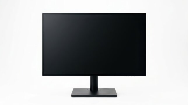 Sleek black computer monitor with a blank dark screen on a sturdy stand, isolated on a clean white studio background, ideal for technology mockup and digital workspace design.
