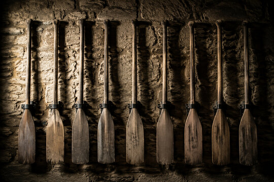 Ancient, weathered wooden oars mounted symmetrically on a stone wall, creating strong order.