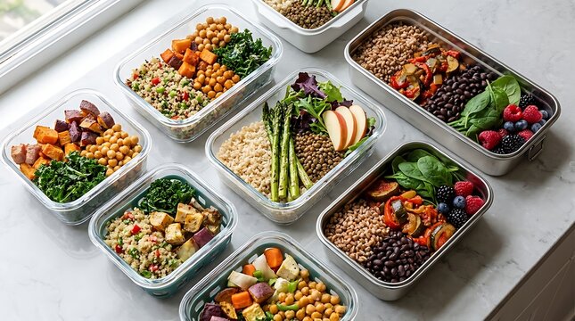 Top view of healthy meal prep containers filled with colorful fresh vegetables grains and lean protein. zero waste meal prep