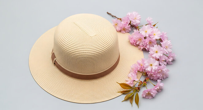 Straw hat with pink flowers on a table