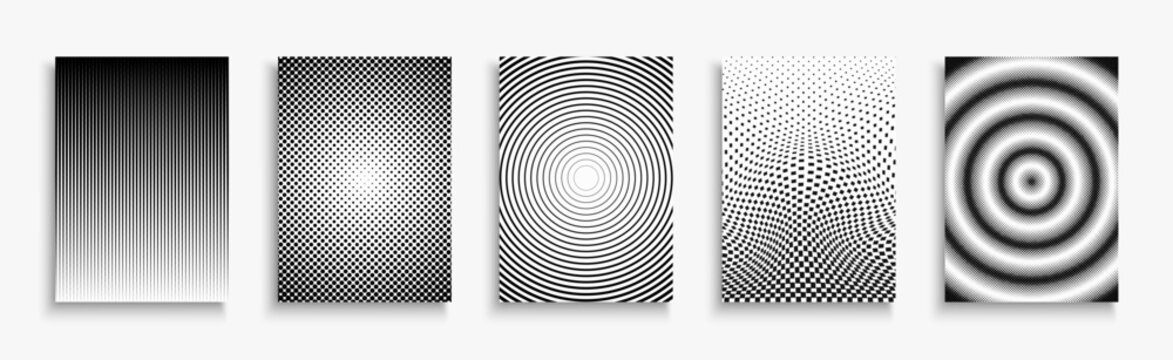 Collection of halftone abstract geometric black and white covers, templates, placards, brochures, banners, backgrounds and etc. Minimalistic monochrome striped and dotted modern posters, cards