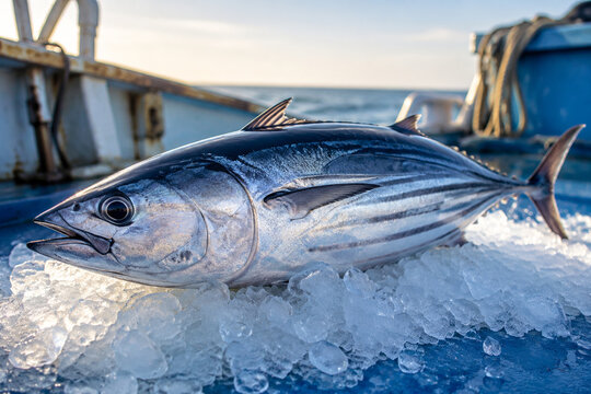 A freshly caught skipjack tuna on crushed ice on a fishing boat deck.