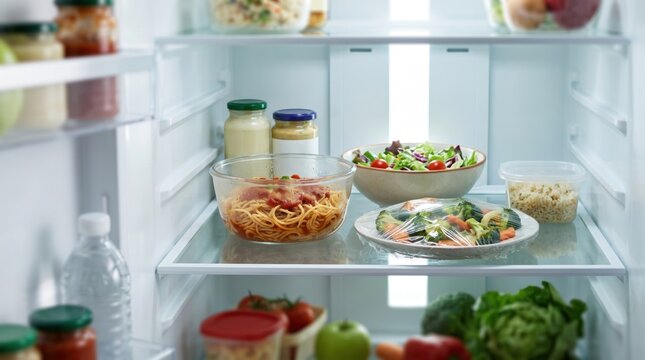 Open refrigerator filled with fresh food, prepared meals, vegetables, fruits, sauces and leftovers, representing food storage, meal planning, household kitchen and groceries