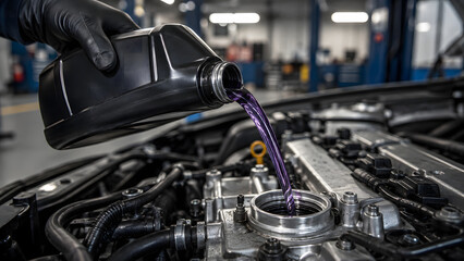 Obraz premium A professional mechanic wearing black gloves is pouring purple synthetic engine oil into a car motor inside modern repair shop.