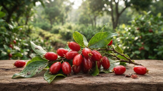 Vibrant red berries, freshly picked, rest on a rustic wooden table amidst lush green foliage, showcasing nature's healthy bounty and appealing colors