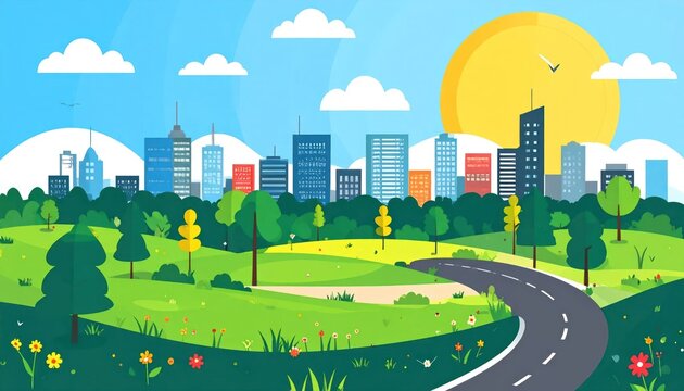 Vector city landscape with winding road and green hills