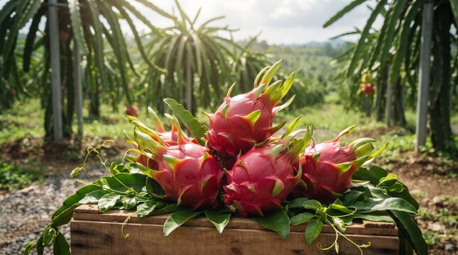 Fresh dragon fruits harvested and displayed in a wooden box on a sunny plantation farm