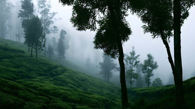 Misty terraced tea gardens unfold beneath soft atmospheric light  capturing delicate light  organic texture  and serene untamed presence