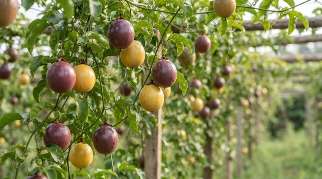 Rows of ripe passion fruit hanging from vines in a lush green orchard, ready for harvest