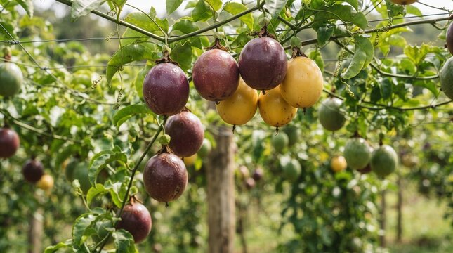 Fresh passion fruit hanging on vine in orchard, ripe organic fruits ready for harvest in tropical garden