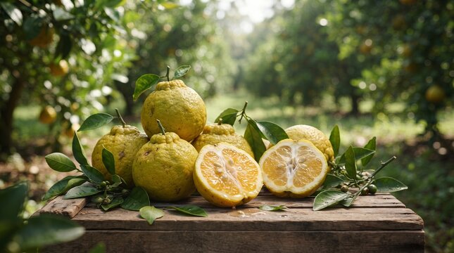 Freshly harvested vibrant citrus fruits with lush green leaves arranged on a rustic wooden crate amidst a sunny orchard, showcasing natural abundance and healthy produce