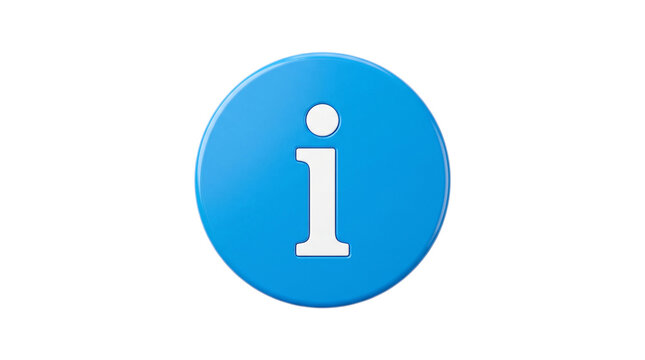 Blue information sign or icon with white letter i on circular button on transparent background.