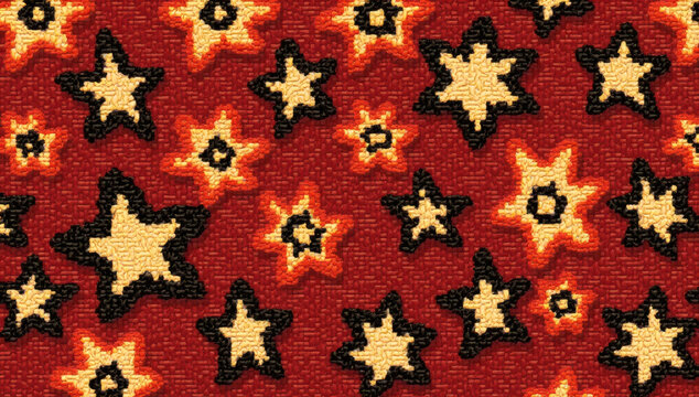 Seamless pattern of stylized stars in red, yellow, and black colors for textile and graphic design backgrounds