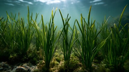 Obraz premium Underwater view of vibrant green seagrass swaying gently in clear shallow water with sunlight filtering through the surface