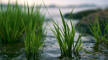 Obraz premium Tall green grass blades rise from calm shallow water with soft blurred background and natural lighting