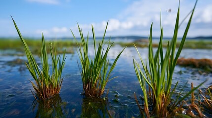 Fototapeta premium Tall green grasses rise from calm shallow water under a bright blue sky with scattered clouds