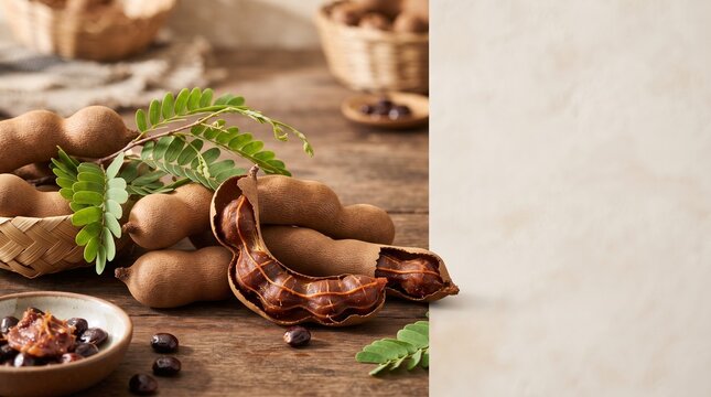 Fresh tamarind pods with green leaves on a rustic wooden table with space for text