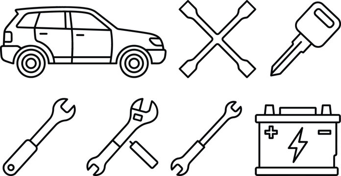 Car auto repair tools icon set vector outline drawing collection with suv vehicle wrench battery and key sketch