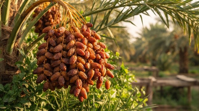 Bunch of ripe dates hanging on date palm tree in sunny plantation farm