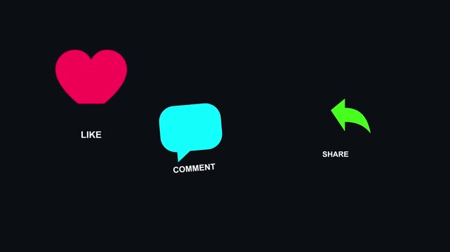 Like comment share social media engagement animation on dark 4k background