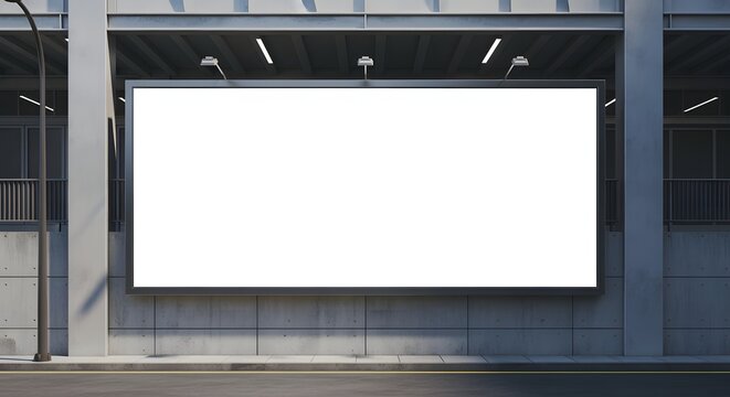 Large blank horizontal urban billboard mockup mounted on concrete street wall with spotlights for outdoor commercial advertisement promotion campaign display template