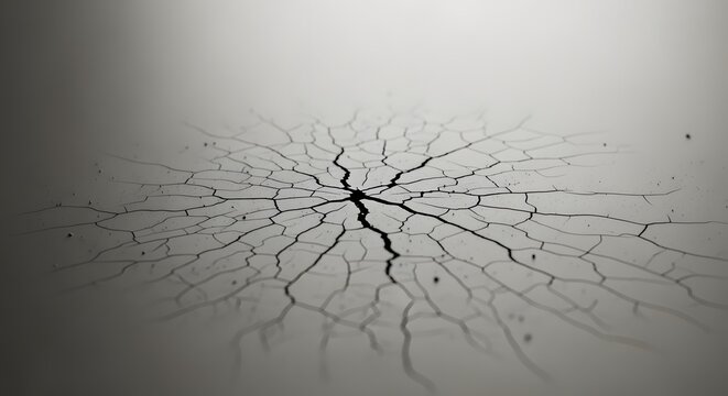 Fine detailed crack lines spreading from center point across smooth light gray surface symbolizing stress pressure breakdown and ground earthquake damage concept