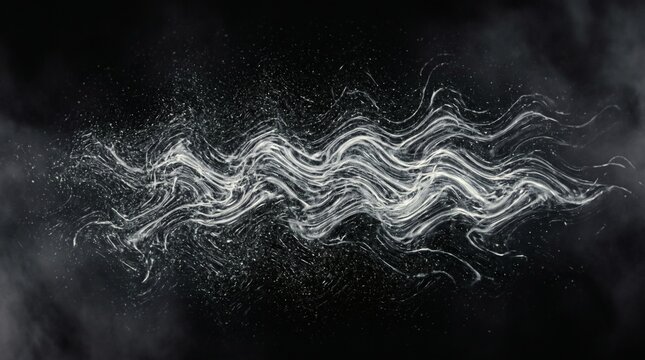 Abstract white wave of smoke or light particles on a black background.